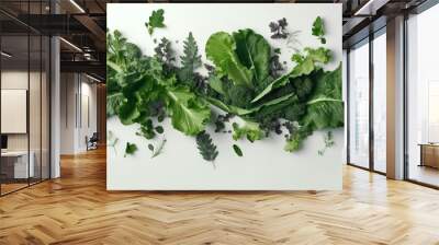  a bunch of green leafy vegetables on a white surface with leaves scattered around them and a few other green plants on the side of the table.  generative ai Wall mural