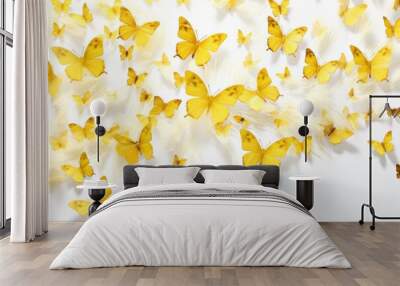  a bunch of yellow butterflies flying in the air with a white wall in the back ground and a white wall in the back ground. Wall mural