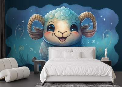  a cartoon sheep with big horns and a blue shirt with bubbles on it's face and a blue background with bubbles on it's sides.  generative ai Wall mural