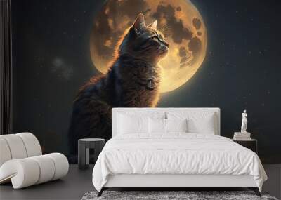  a cat sitting on a rock looking up at the moon in the sky with clouds and stars in the sky behind it, with a full moon in the background.  generative ai Wall mural