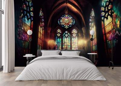  a church with stained glass windows and a light shining through the window panes on the floor and the walls and ceiling is dark and the light is shining.  generative ai Wall mural