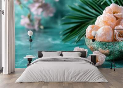   A close-up of a bowl of doughnuts on a table with a palm leaf and flowers in the background Wall mural