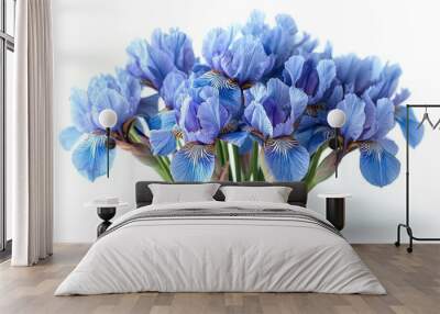  a close up of a bunch of blue flowers in a vase with water droplets on the bottom of the flowers and the stems in the middle of the stems, on a white background. Wall mural