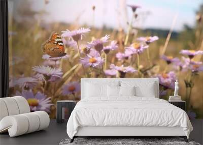  a close up of a butterfly on a flower in a field of purple and yellow daisies with a blue sky in the back ground and a blurry background. Wall mural