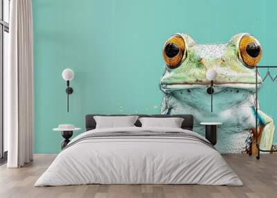  a close up of a frog's face on a blue background with a splash of paint on the bottom of the frog's head. Wall mural