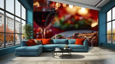  a close up of a plate of food with a glass of wine and a plate of food with a piece of steak on it with tomatoes and a candle in the background. Wall mural