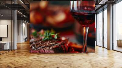  a close up of a plate of food with a glass of wine in front of a fire place with a plate of food and a glass of wine in the foreground. Wall mural