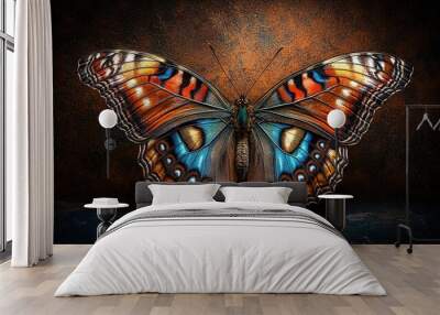   A close-up of a red and blue butterfly on a black background Wall mural