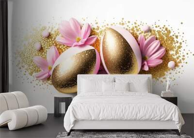  a close up of two eggs with pink flowers on a white background with gold flecks and confetti scattered around it,.  generative ai Wall mural