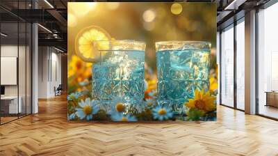   A close-up of two glasses of water with a lemon slice on top and daisies in the background Wall mural