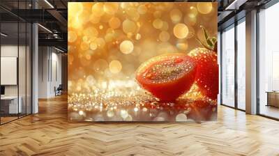   A close-up of two tomatoes on a table with water droplets on the surface and a bokeh of light in the background Wall mural