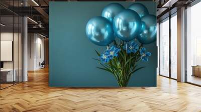   A cluster of blue heliums perched atop a blue floral arrangement on a wooden surface Wall mural