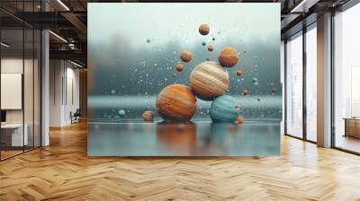   A collection of celestial bodies resting atop a desk overlooking a tranquil pond dotted with droplets Wall mural