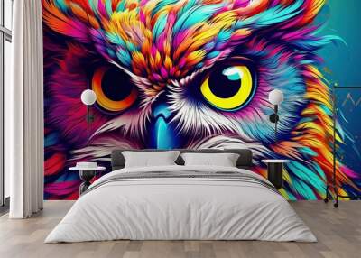  a colorful owl with big yellow eyes and a blue background.  generative ai Wall mural