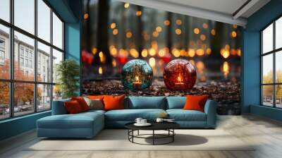  a couple of glass balls sitting next to each other on top of a wet ground in front of a forest filled with lights. Wall mural