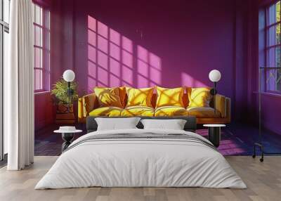  A cozy room featuring a sunny yellow couch and vibrant green potted plant against a rich purple backdrop, with two bright windows letting in natural light Wall mural