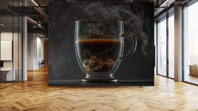  a cup of coffee with steam rising out of the top of the cup, on a black background with a black background and a black background.  generative ai Wall mural