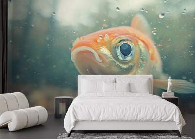   A detailed image of a goldfish surrounded by water droplets, set against the backdrop of a tree Wall mural