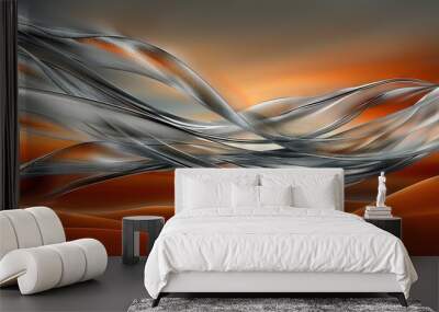   A digital painting depicts a surging wave of white and orange hues against an orange-grey backdrop, set against an orange sky Wall mural