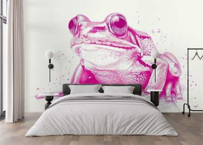  a drawing of a pink frog sitting on the ground with its eyes open and eyes wide open, with a white background. Wall mural