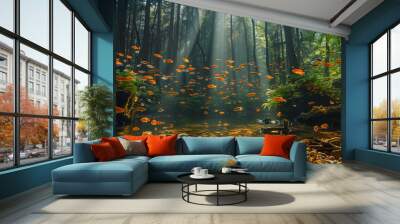   A forest teeming with numerous orange fish in a river, adjacent to another forest brimming with lush green trees Wall mural