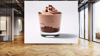  a glass filled with a chocolate dessert on top of a white table.  generative ai Wall mural