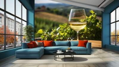  a glass of white wine sitting on top of a wooden table in front of a lush green hillside covered with trees and a lush green hillside in the distance is a. Wall mural