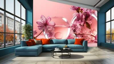  a glass vase filled with pink flowers next to a fish bowl.  generative ai Wall mural