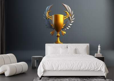  a golden trophy with two silver wings on top of a wooden stand on a gray surface with a gray wall in the background and a gray wall in the background.  generative ai Wall mural