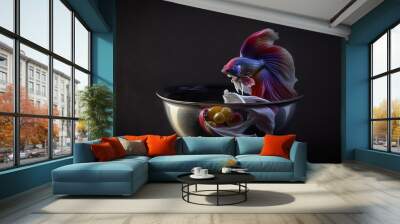  a goldfish in a bowl with a gold ball in it's mouth and another fish in it's mouth in the bowl.  generative ai Wall mural