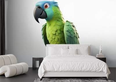  a green and blue parrot standing on its hind legs with its eyes wide open and a black beak on it's head, on a white background with copy space for text. Wall mural