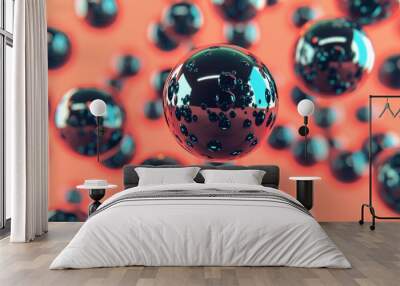   A group of black and red balls bobbing atop a pink surface amidst a sea of black and white balls Wall mural