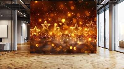   A group of gold stars spells out the word on a black background with bokeh of lights Wall mural