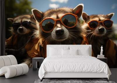  a group of raccoons wearing sunglasses on top of a dirt ground with trees in the backgroud. Wall mural