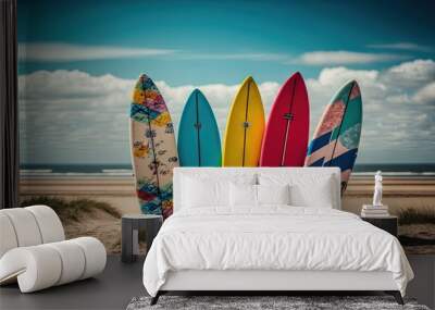  a group of surfboards sitting on top of a sandy beach.  generative ai Wall mural