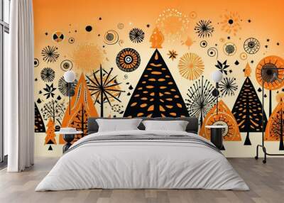  a group of trees with fireworks in the sky and stars in the sky in the middle of the trees is an orange background with a black and white design on the bottom. Wall mural