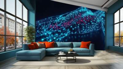   A high-quality 3D image of a person relaxing with a cell phone in hand, illuminated by blue and red lights on their body Wall mural