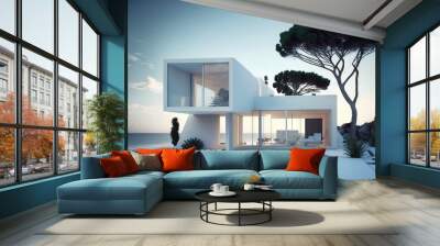  a house with a pool and a tree in front of the house at dusk time with a view of the ocean and the trees in the distance.  generative ai Wall mural