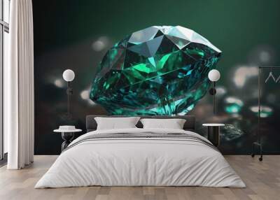  a large green diamond surrounded by many other jewels and stones on a black background with a green glow in the middle of the image and a dark background.  generative ai Wall mural