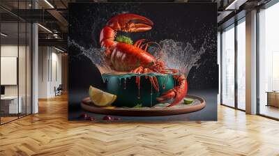  a large lobster is splashing out of a green pot with a slice of lemon on the side of the pot and splashing water on it.  generative ai Wall mural