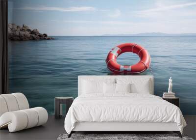  a life preserver floating in the middle of a body of water next to a rocky outcropping. Wall mural