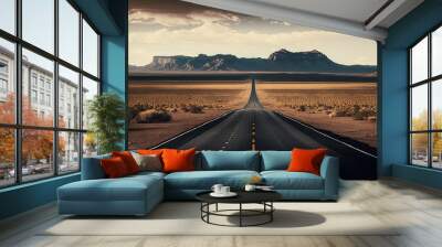  a long straight road in the middle of a desert with mountains in the background and clouds in the sky above the road is an empty road.  generative ai Wall mural