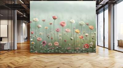   A lush green field is dotted with an abundance of vibrant flowers, set against a backdrop of ethereal fog Wall mural