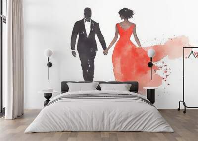   A man in a tuxedo and a woman in a red dress are strolling hand-in-hand away from each other Wall mural