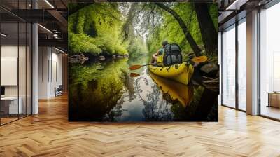  a man in a yellow kayak on a river surrounded by trees and a rock wall with a backpack on his back and a backpack on his shoulder.  generative ai Wall mural