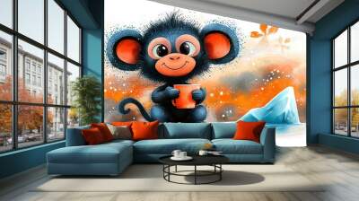   A monkey holds a cup amidst two icebergs Wall mural