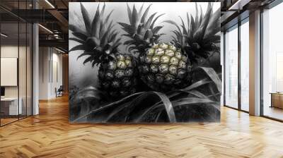   A monochrome image depicts two pineapples surrounded by foliage atop a plant's base Wall mural