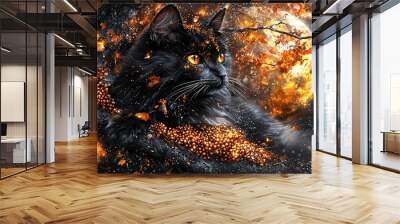   A painting of a black cat perched on a tree limb, against a backdrop of a full moon Wall mural