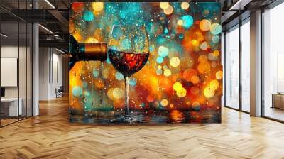   A painting of a bottle of red wine and a glass of red wine in front of a colorful bouquet of lights Wall mural