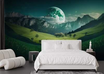  a painting of a green landscape with mountains and a full moon in the sky with a mountain range in the background with sheep grazing in the foreground.  generative ai Wall mural